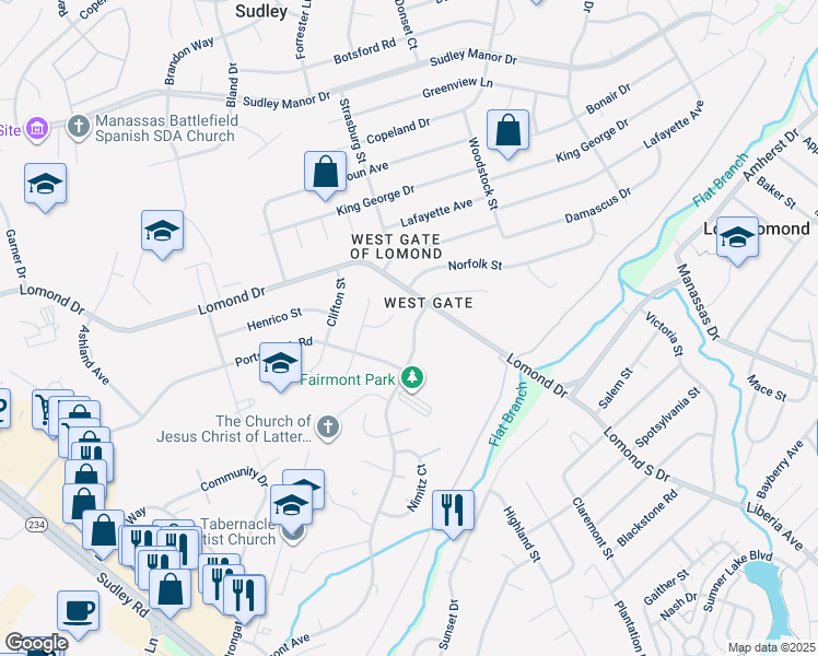 map of restaurants, bars, coffee shops, grocery stores, and more near 9790 Fairmont Avenue in Manassas