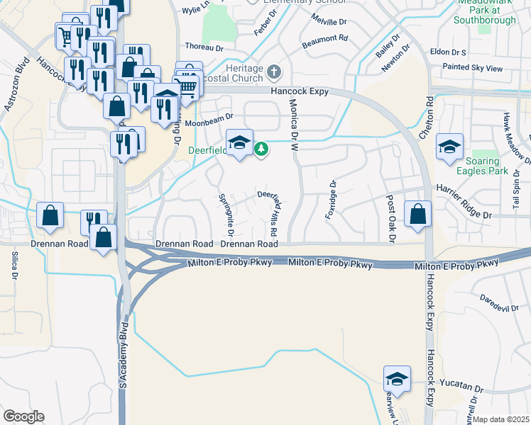map of restaurants, bars, coffee shops, grocery stores, and more near 4230 Drennan Road in Colorado Springs