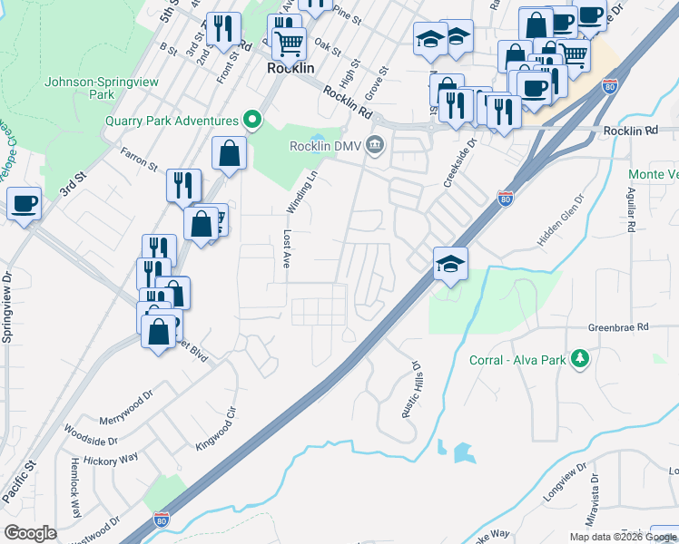map of restaurants, bars, coffee shops, grocery stores, and more near 5828 Grove Court in Rocklin