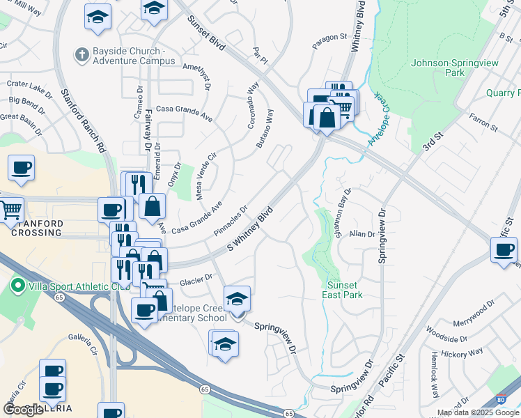 map of restaurants, bars, coffee shops, grocery stores, and more near 2605 South Whitney Boulevard in Rocklin