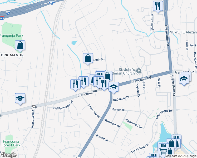 map of restaurants, bars, coffee shops, grocery stores, and more near 6205 Old Valley Court in Alexandria