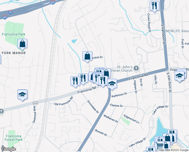 map of restaurants, bars, coffee shops, grocery stores, and more near 6202 Old Valley Court in Alexandria