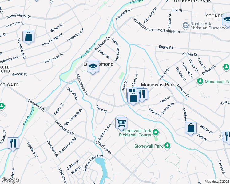 map of restaurants, bars, coffee shops, grocery stores, and more near 118 Mace Street in Manassas Park