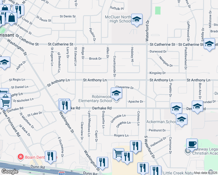map of restaurants, bars, coffee shops, grocery stores, and more near 895 Pebble Lane in Florissant