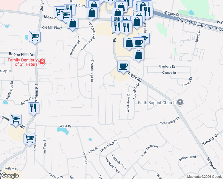 map of restaurants, bars, coffee shops, grocery stores, and more near 2705 Brighton Way in Saint Charles