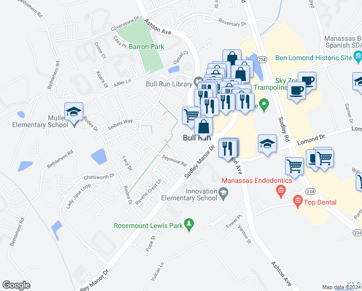 map of restaurants, bars, coffee shops, grocery stores, and more near 10862 Stone Hill Lane in Manassas