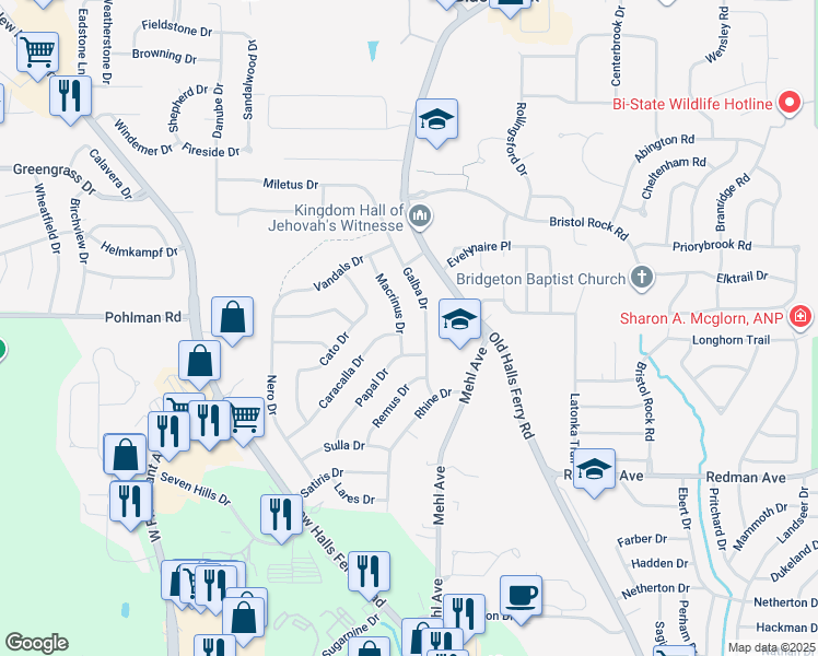 map of restaurants, bars, coffee shops, grocery stores, and more near 4493 Papal Drive in Florissant
