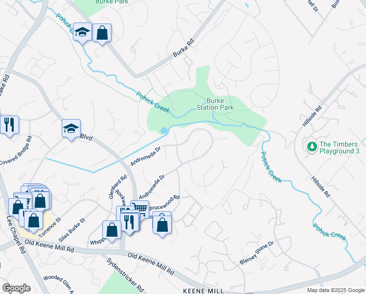 map of restaurants, bars, coffee shops, grocery stores, and more near 9097 Andromeda Drive in Burke