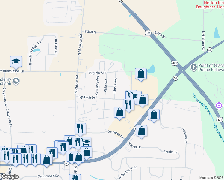 map of restaurants, bars, coffee shops, grocery stores, and more near 431 Ivy Tech Drive in Madison