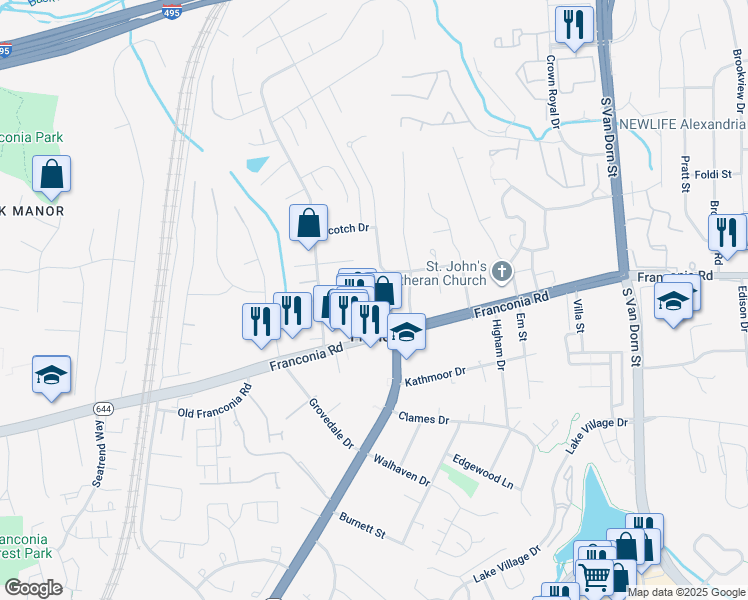 map of restaurants, bars, coffee shops, grocery stores, and more near 6062 Franconia Road in Alexandria