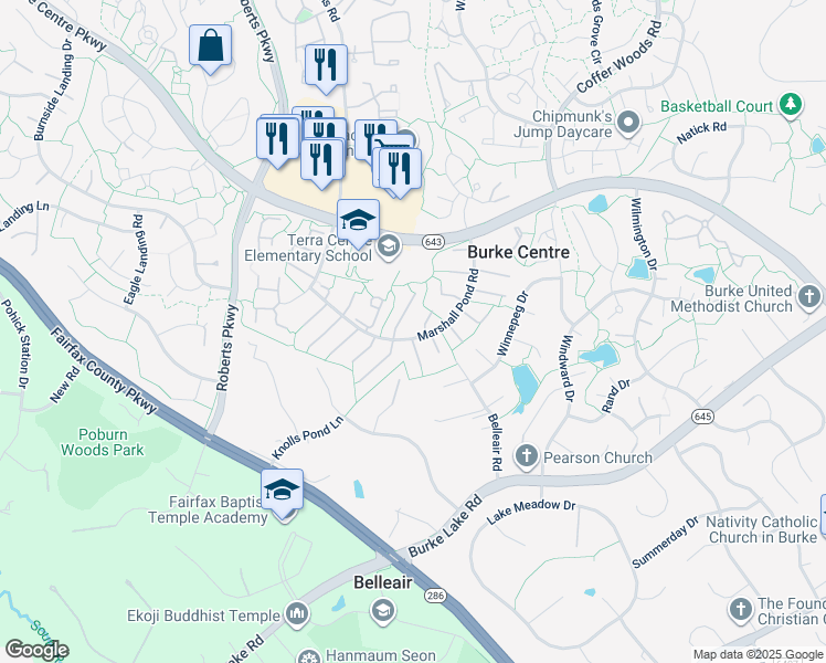 map of restaurants, bars, coffee shops, grocery stores, and more near 10114 Marshall Pond Road in Burke