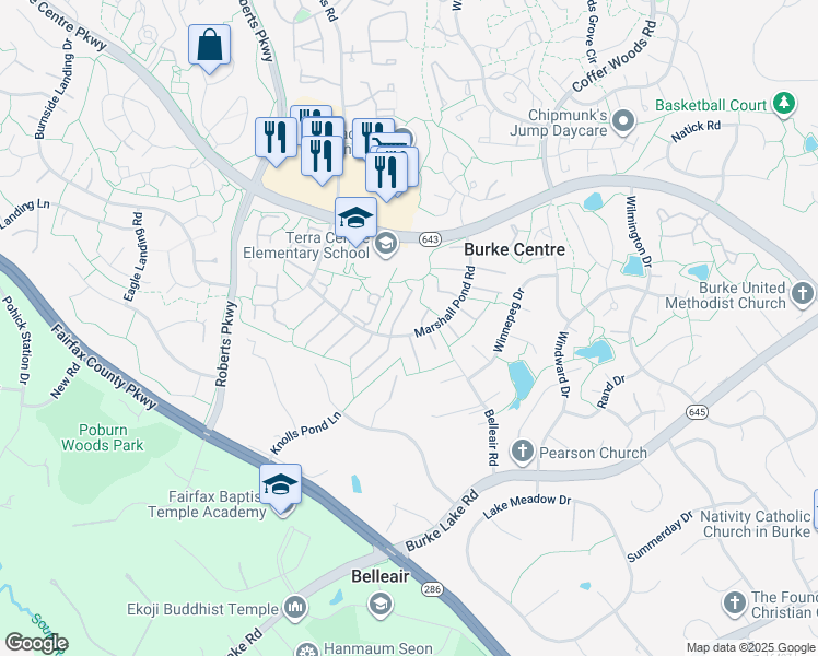 map of restaurants, bars, coffee shops, grocery stores, and more near 10114 Marshall Pond Road in Burke