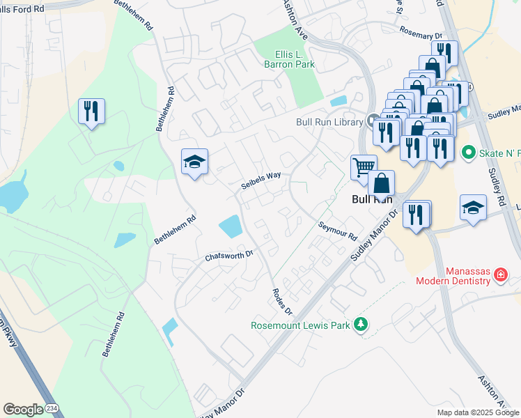 map of restaurants, bars, coffee shops, grocery stores, and more near 7992 Copperfield Way in Manassas