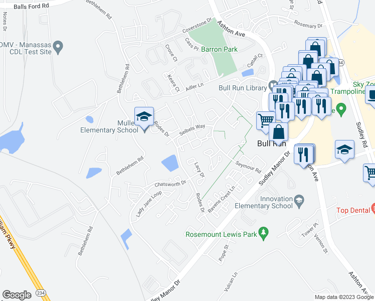 map of restaurants, bars, coffee shops, grocery stores, and more near 8021 Lantern Court in Manassas
