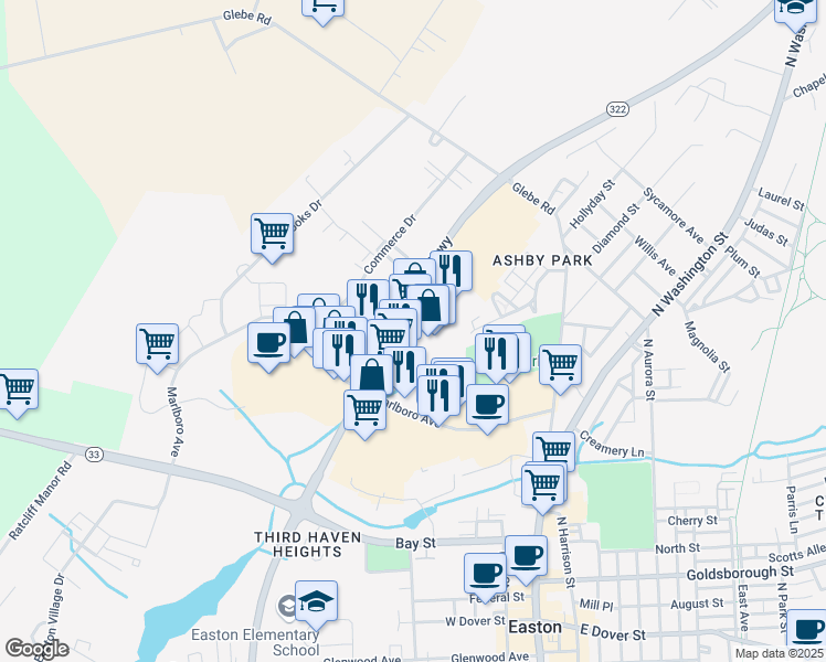 map of restaurants, bars, coffee shops, grocery stores, and more near 219 Marlboro Avenue in Easton
