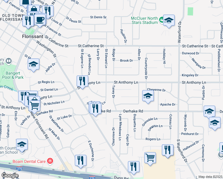 map of restaurants, bars, coffee shops, grocery stores, and more near 145 Taney Drive in Florissant