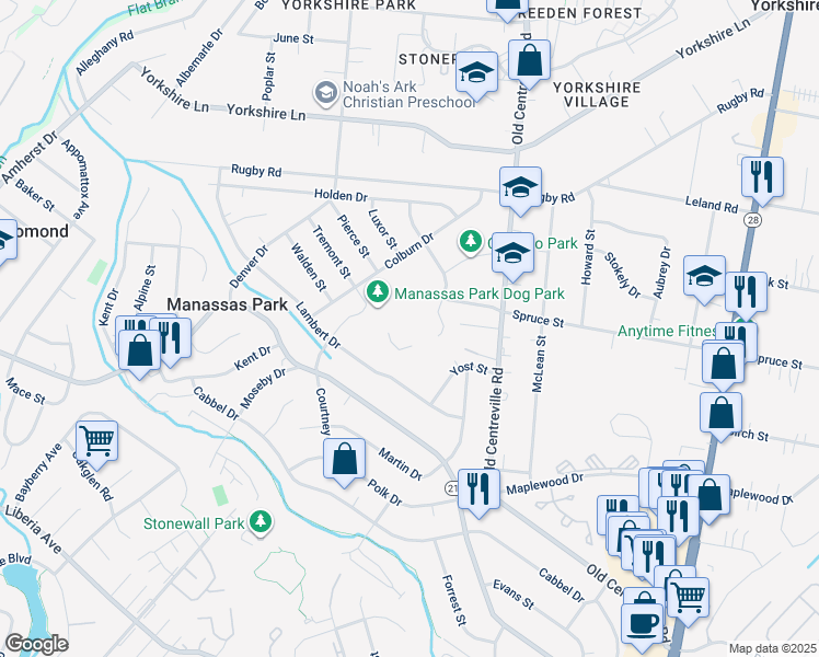 map of restaurants, bars, coffee shops, grocery stores, and more near 99 Adams Street in Manassas Park