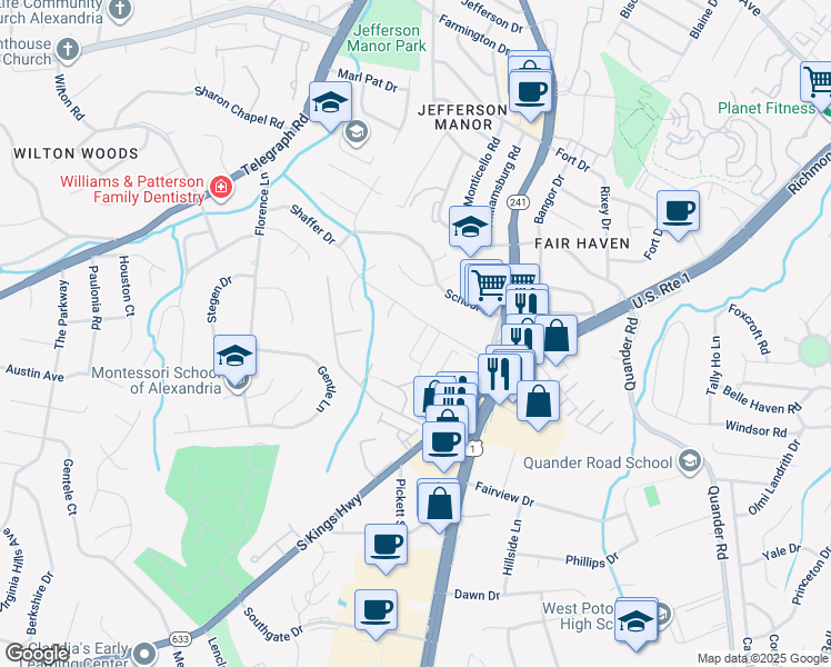 map of restaurants, bars, coffee shops, grocery stores, and more near 2868 Lowen Valley Road in Alexandria