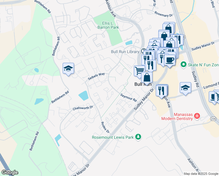 map of restaurants, bars, coffee shops, grocery stores, and more near 10998 Koman Circle in Manassas
