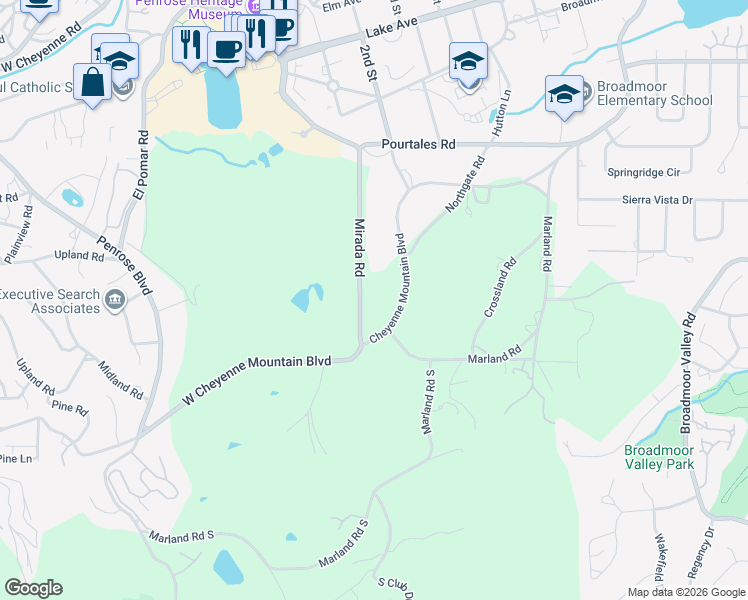 map of restaurants, bars, coffee shops, grocery stores, and more near 13 Mirada Road in Colorado Springs