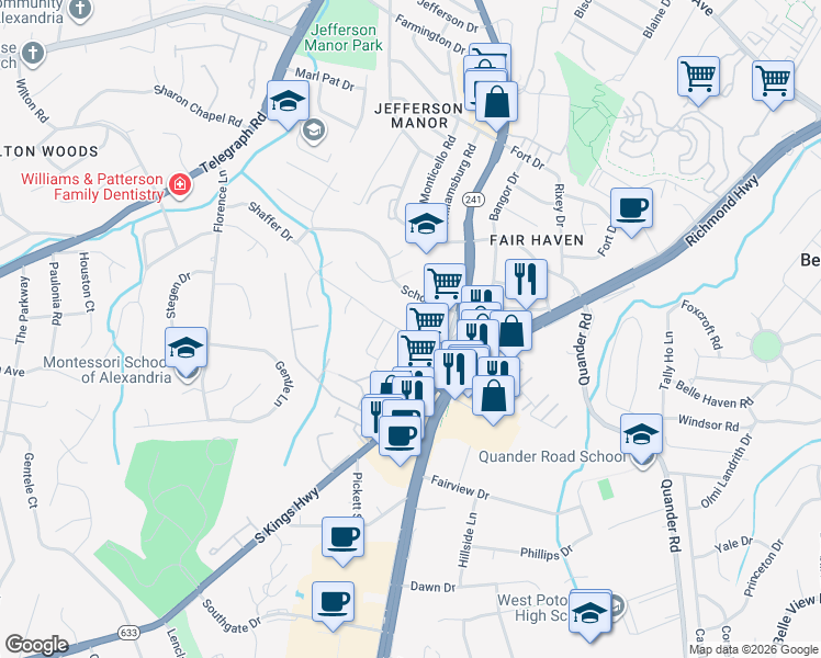 map of restaurants, bars, coffee shops, grocery stores, and more near 6200 North Kings Highway in Alexandria