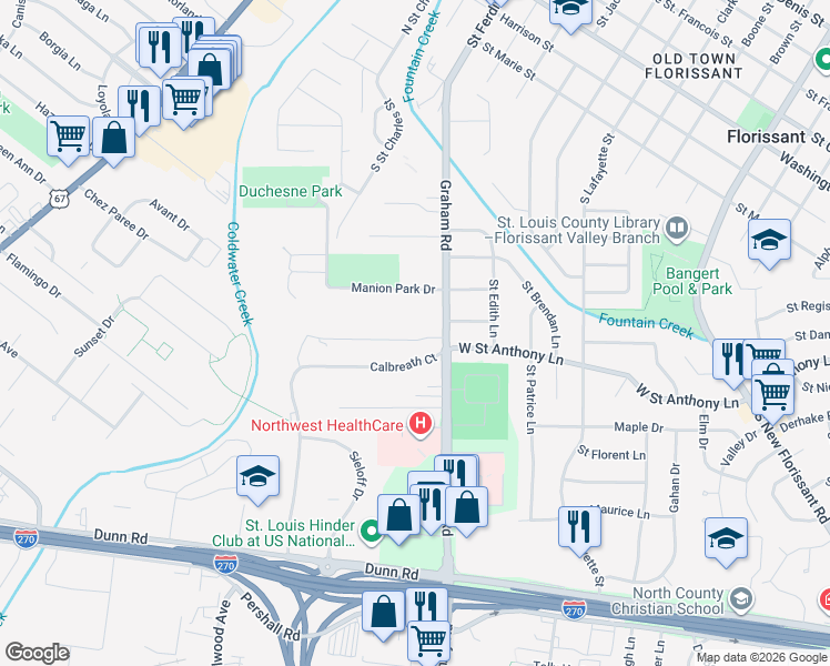 map of restaurants, bars, coffee shops, grocery stores, and more near 825 Graham Road in Florissant