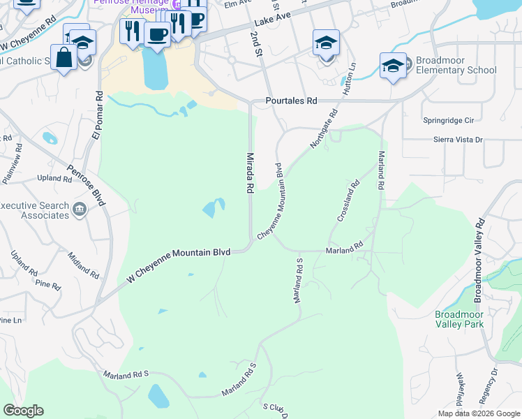 map of restaurants, bars, coffee shops, grocery stores, and more near 13 Mirada Road in Colorado Springs
