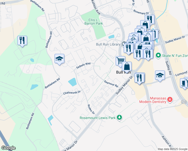 map of restaurants, bars, coffee shops, grocery stores, and more near 10998 Koman Circle in Manassas