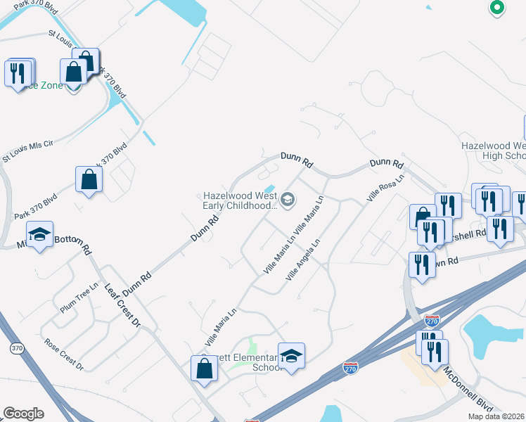 map of restaurants, bars, coffee shops, grocery stores, and more near 3988 Dunn Road in Hazelwood