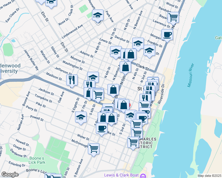 map of restaurants, bars, coffee shops, grocery stores, and more near 557 Washington Street in Saint Charles