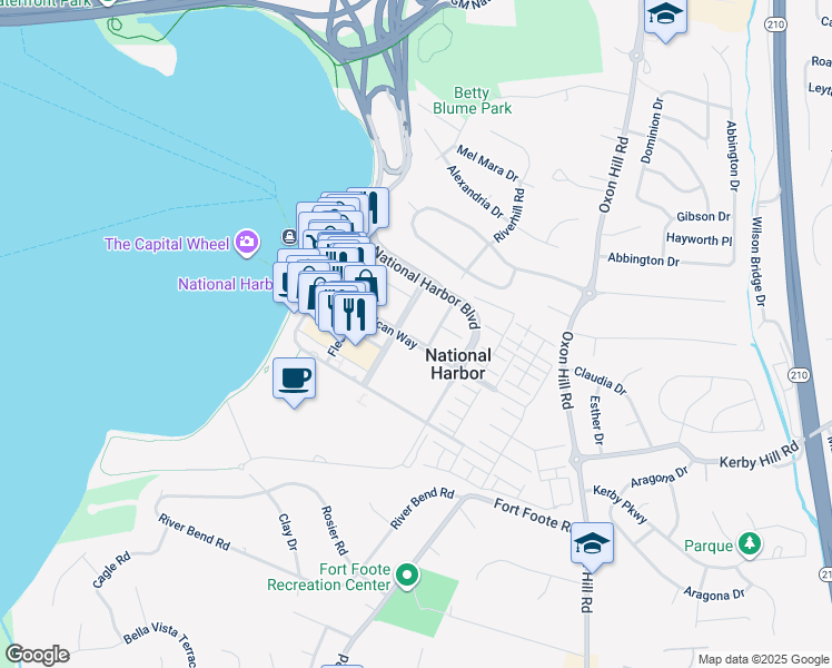 map of restaurants, bars, coffee shops, grocery stores, and more near 145 Riverhaven Drive in Oxon Hill