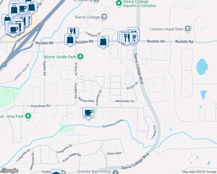 map of restaurants, bars, coffee shops, grocery stores, and more near 5531 Freeman Circle in Rocklin