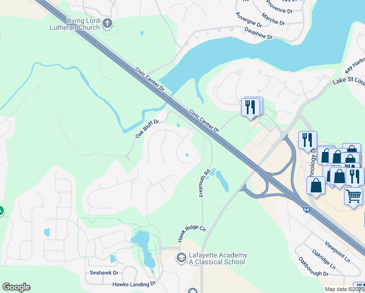map of restaurants, bars, coffee shops, grocery stores, and more near 100 Freymuth Road in Lake Saint Louis