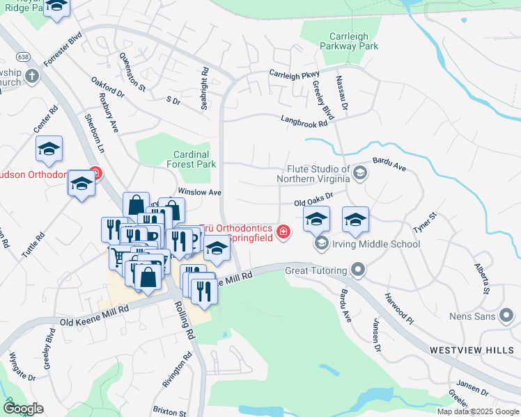map of restaurants, bars, coffee shops, grocery stores, and more near 8207 Old Oaks Drive in West Springfield