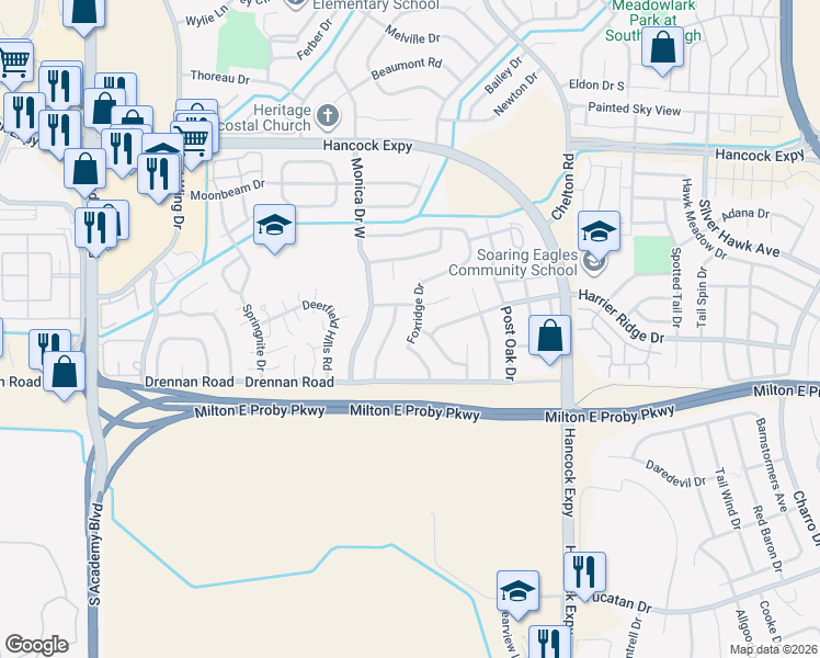 map of restaurants, bars, coffee shops, grocery stores, and more near 3418 Foxridge Drive in Colorado Springs
