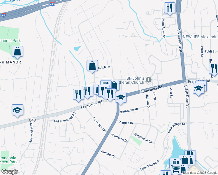 map of restaurants, bars, coffee shops, grocery stores, and more near 6209 Little Valley Way in Alexandria