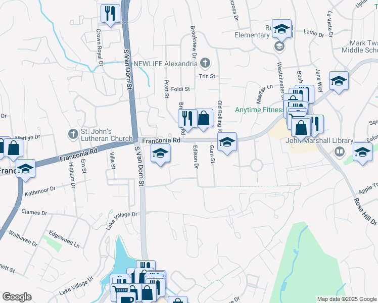 map of restaurants, bars, coffee shops, grocery stores, and more near 5607 Franconia Road in Alexandria