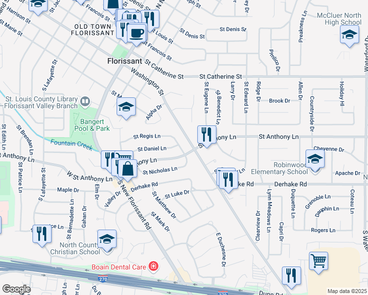 map of restaurants, bars, coffee shops, grocery stores, and more near 1625 Saint Malachy Lane in Florissant