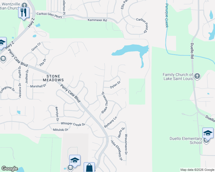 map of restaurants, bars, coffee shops, grocery stores, and more near 903 Lindmark Drive in Wentzville
