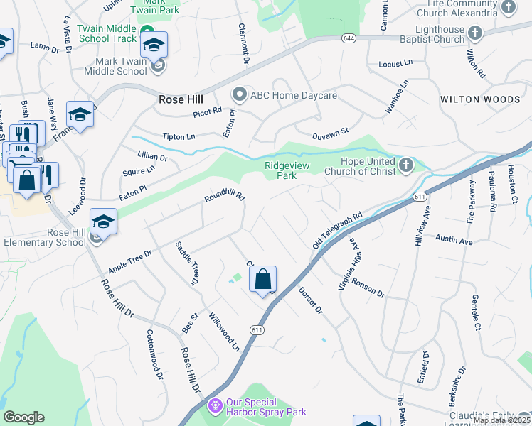 map of restaurants, bars, coffee shops, grocery stores, and more near 6205 Redwood Lane in Alexandria