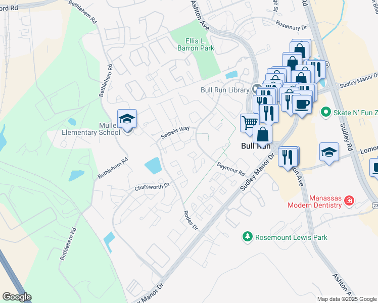 map of restaurants, bars, coffee shops, grocery stores, and more near 11006 Koman Circle in Manassas