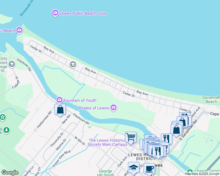 map of restaurants, bars, coffee shops, grocery stores, and more near 1201 Cedar Street in Lewes