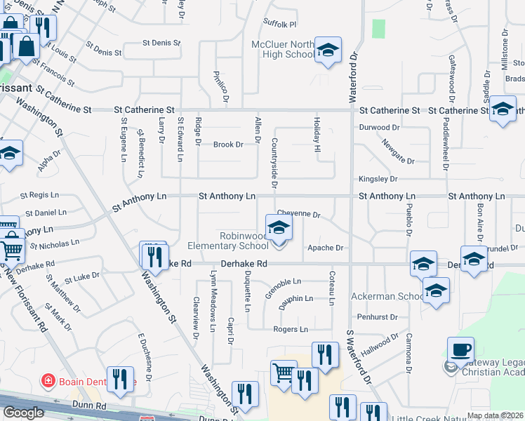 map of restaurants, bars, coffee shops, grocery stores, and more near 890 Saint Anthony Lane in Florissant