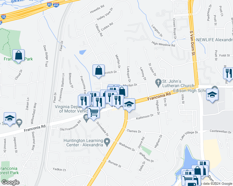 map of restaurants, bars, coffee shops, grocery stores, and more near 6205 Little Valley Way in Alexandria