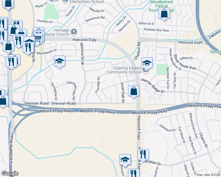 map of restaurants, bars, coffee shops, grocery stores, and more near 4565 Hollyridge Drive in Colorado Springs