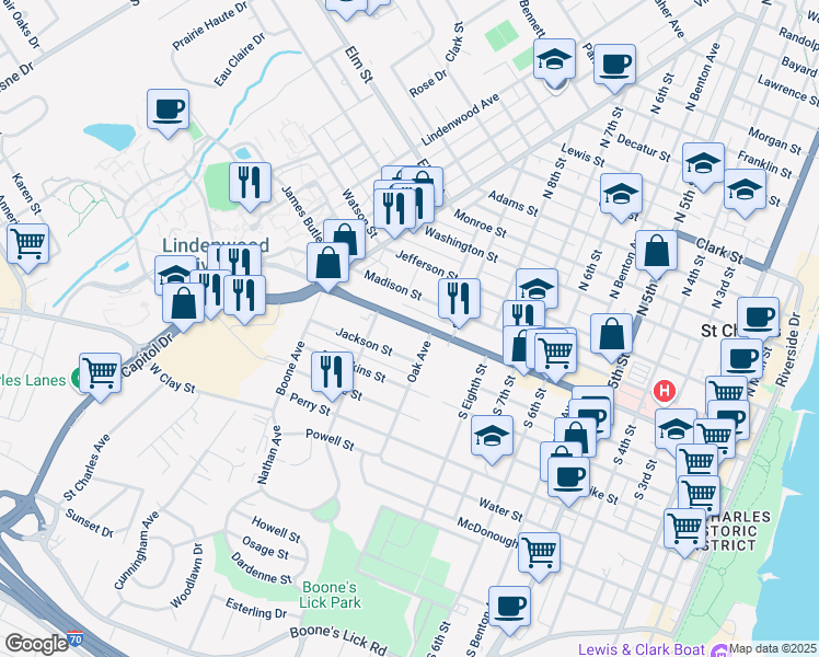 map of restaurants, bars, coffee shops, grocery stores, and more near 1030 1st Capitol Drive in Saint Charles