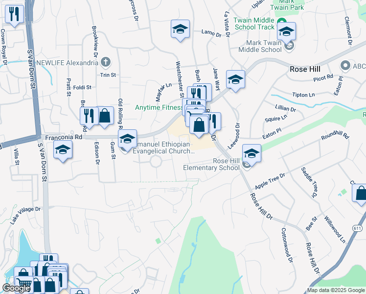 map of restaurants, bars, coffee shops, grocery stores, and more near 6290 Rose Hill Court in Alexandria