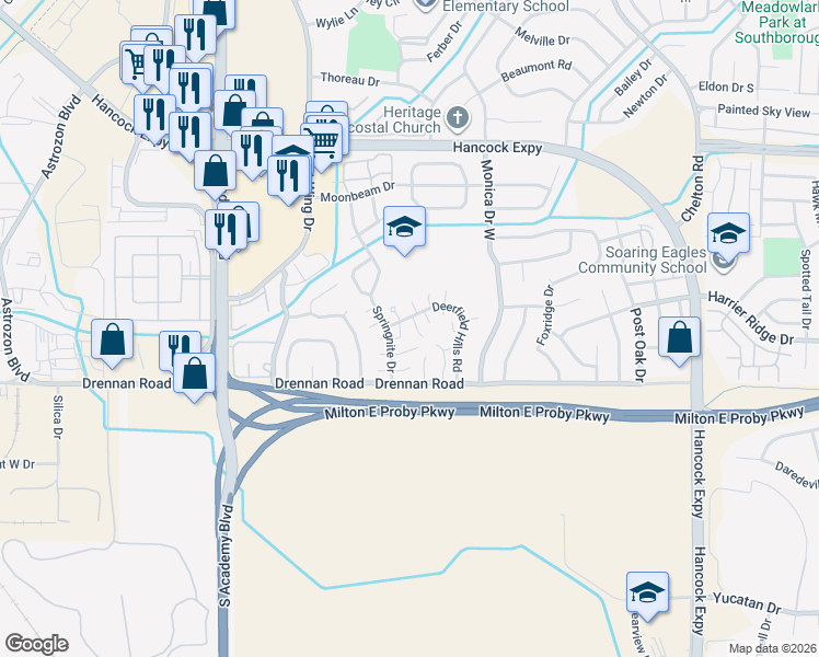 map of restaurants, bars, coffee shops, grocery stores, and more near 4250 Deerfield Hills Road in Colorado Springs