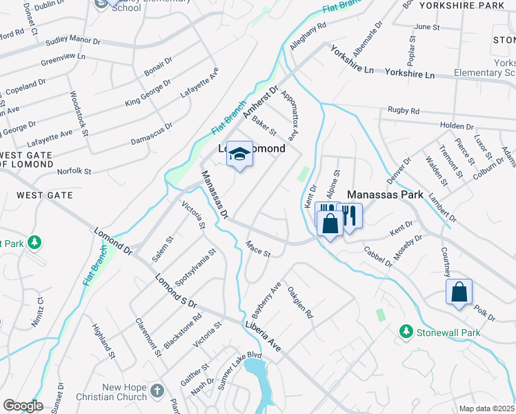 map of restaurants, bars, coffee shops, grocery stores, and more near 113 Baker Street in Manassas Park