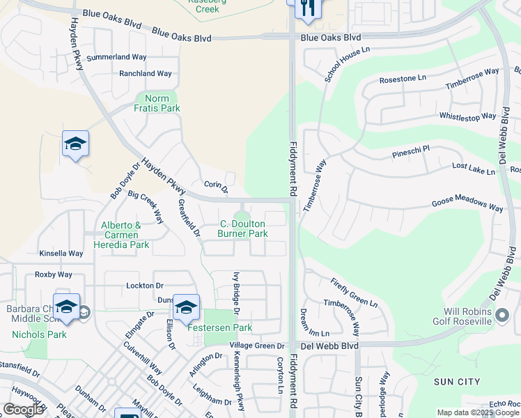 map of restaurants, bars, coffee shops, grocery stores, and more near 2512 Rockrose Circle in Roseville